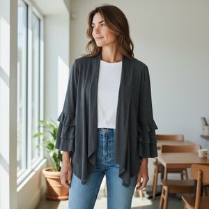 Women's Gray Cardigan Sweater Ruffle Sleeve Open Front Knit Sweater Size Small